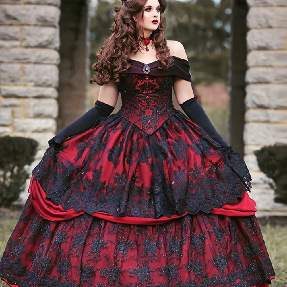 

Gothic Black Lace Red Evening Dresses Burgundy Formal Belle Wedding Gowns Off The Shoulder Corset Vintage Plus Size Celebrity