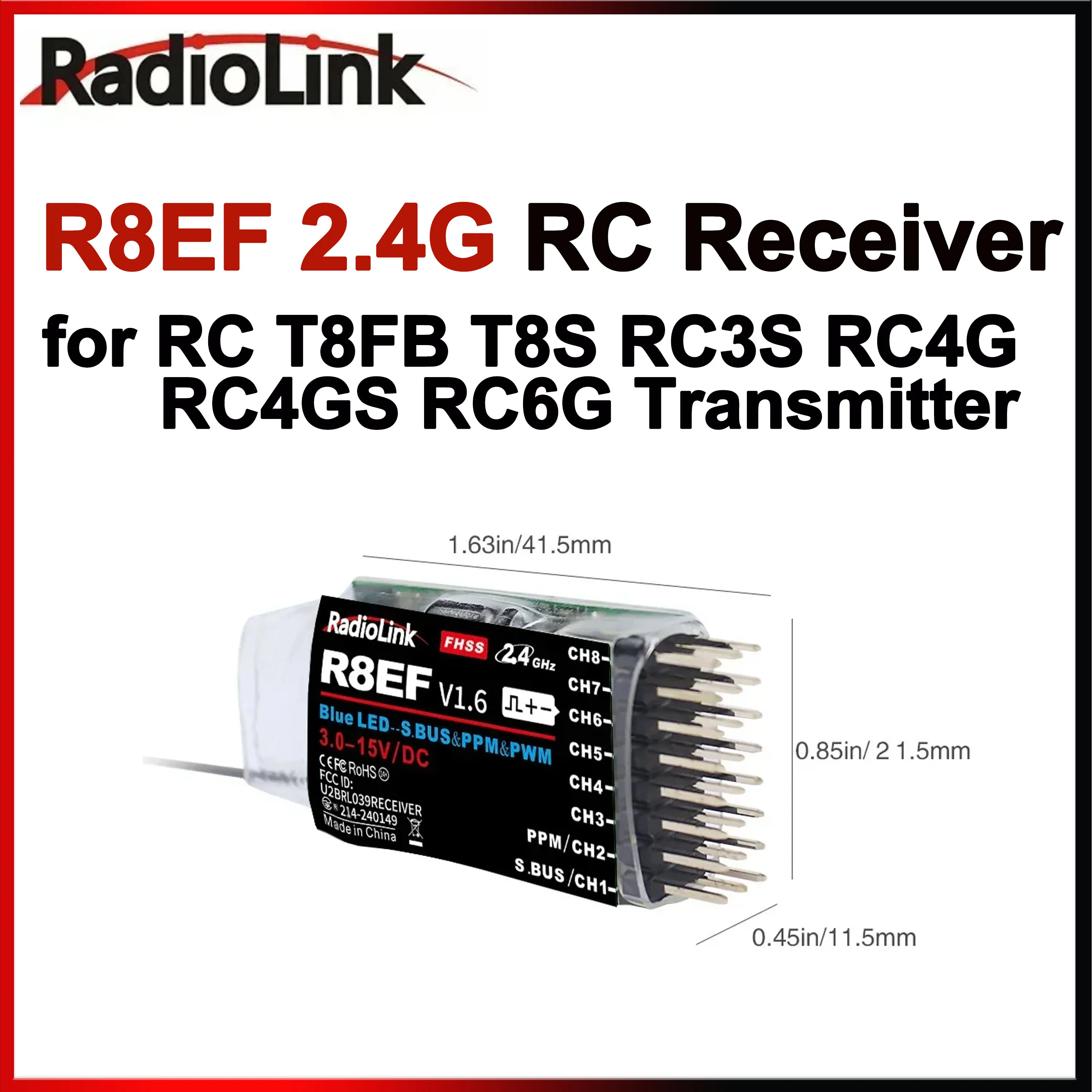 Vue de face du récepteur Radiolink R8EF montrant les ports SBUS, PPM et PWM