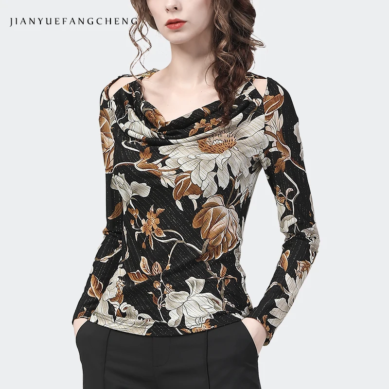 

Vintage Floral Printing Women' Long Sleeve Bodycon Sweatshirt Chic Bling Knitted Pull On Tops 2022 New Female Bottoming Shirts