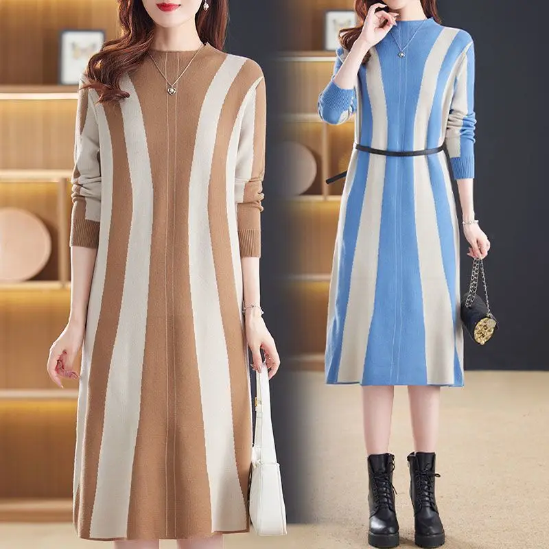 

Women Striped Patchwork Knit Dress 2023 New Autumn Winter Clothes Fashion Elegant O-neck Knee-length Female Bottom Sweater