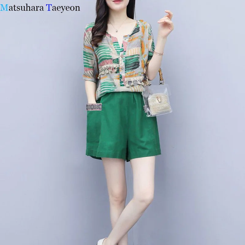 

Женский Повседневный комплект из двух предметов, топ из хлопка и льна с принтом, с кисточками и шорты в стиле ретро, лето