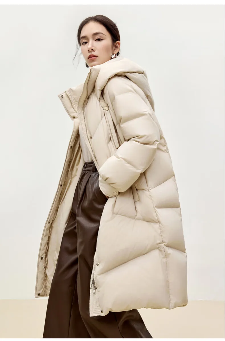 SENTUBILA Winter Long Down Coat Women 2024 Korean Over`sized Hooded Zipper White Duck Down Jackets Parkas Outerwears W44Y55972
