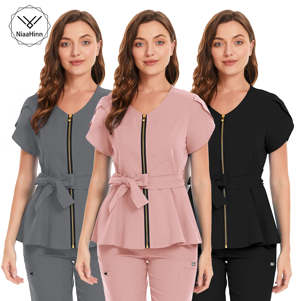 

Pink Grey plus size Salon grooming clothes Korean style short shirt beauty uniform spa uniform scrub tops Lab Beautician coat