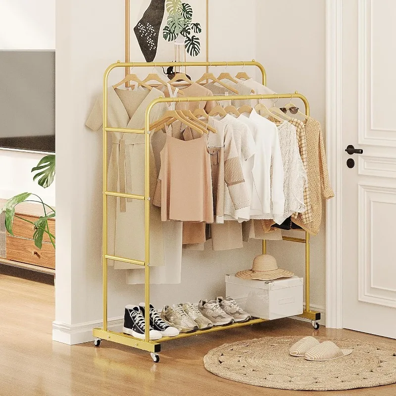 Double Rods Clothing Rack with Wheels, Garment Rack for Hanging Clothes, Multi-functional Bedroom Clothes Rack, Gold 3