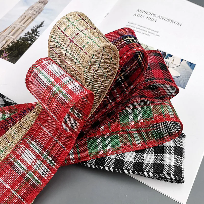 4/5/6cm width 6M / Roll Linen Xmas Ribbons Classic Check Ribbon DIY Crafts Handmade bowtie Christmas Tree Wreath Gift package