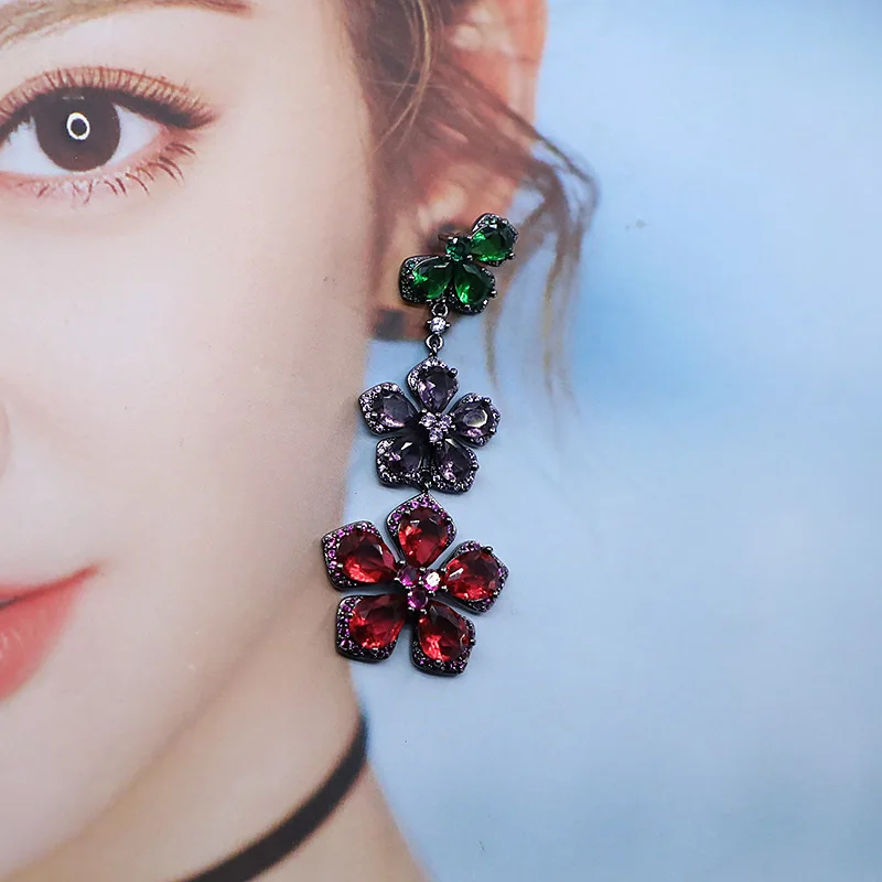 Flower Drop Earrings with Micro Pave Zircon Crystals