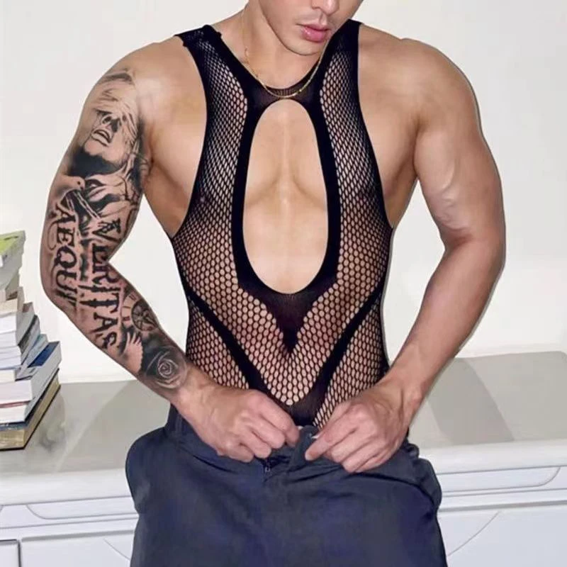 Men Bodysuit Jumpsuit Sexy Man Pajamas One Piece Men's Jumpsuit Transparent BodyStocking Sleeveless Bodysuit Porn Crotchless Underwear Erotic Costumes