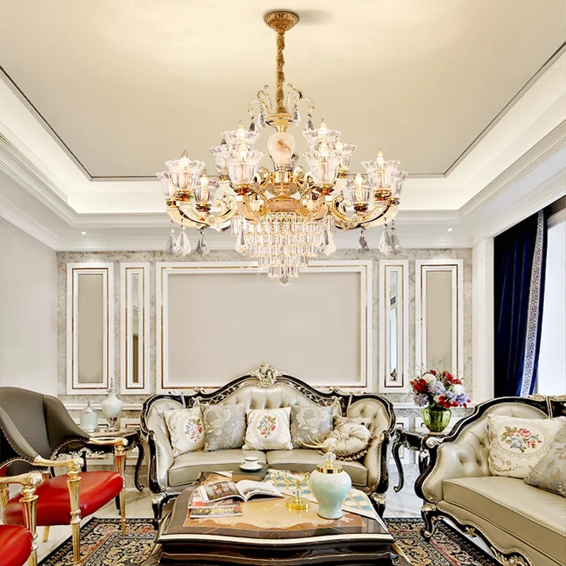 

European Baroque Villa Living Room Large Pendant Light French Luxury Hotel Lobby Staircase Brass Crystal Chandelier