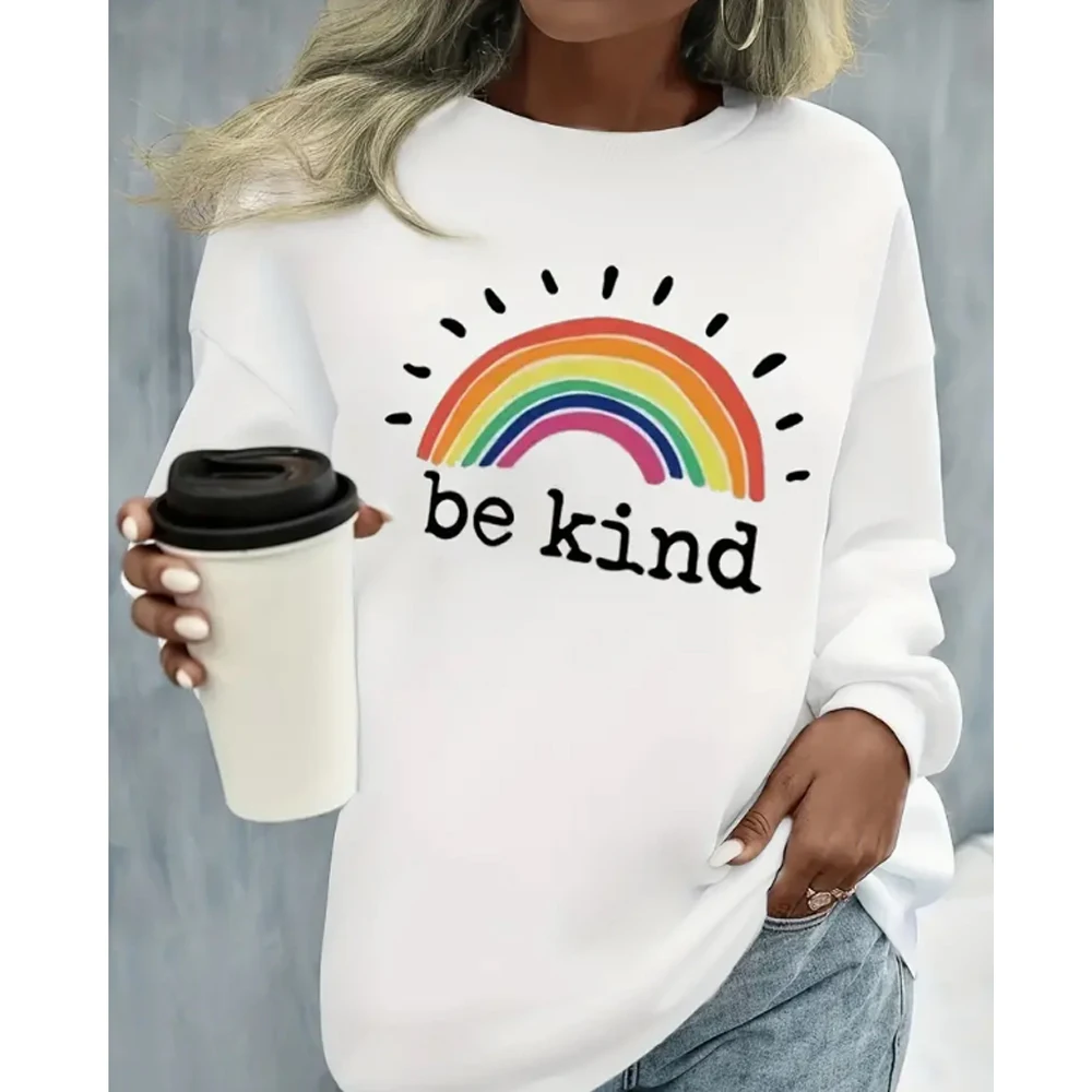 Plus Size Casual Sweatshirt Women's Plus Rainbow & Slogan Print Round Neck Slight Stretch Long Sleeve Sweatshirt