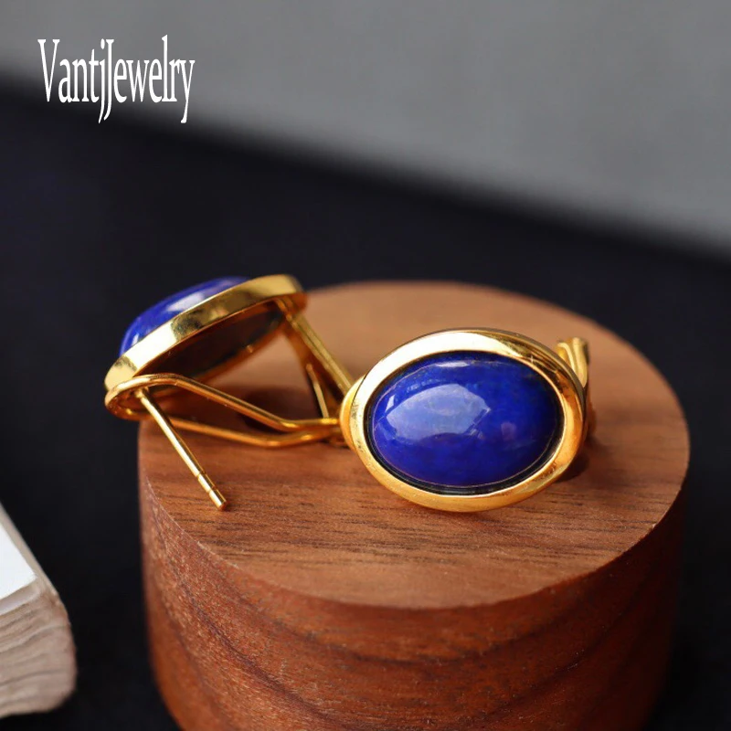 Real Natural Lapis Earrings Sterling 925 Silver Oval 10*14mm for Women Birthday Party Christmas Trendy Jewelry Gift
