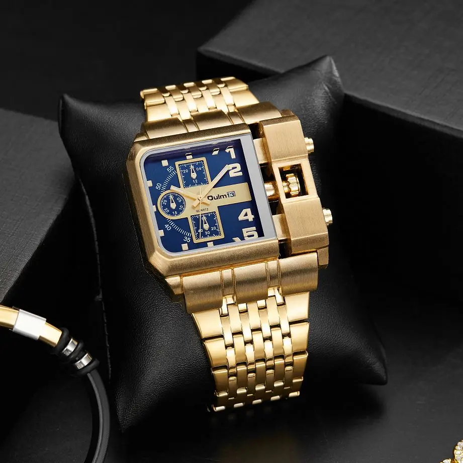Oulm Luxury Gold Mens Watch Stainless Steel Big Dial with