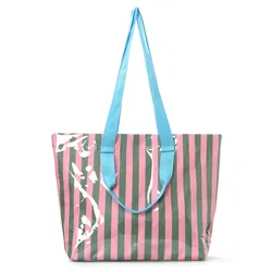 Vibrant Color Block Reusable Waterproof Tote Bag for Shopping and Everyday Use (Green Pink)