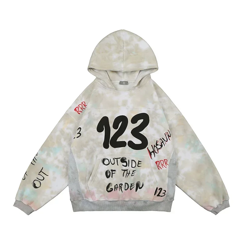 

Fashion Streetwear Patchwork Tie Dye Vintage RRR123 Graphic Hoodie Men Women High Street Casual Heavy Fabric Pullover Top