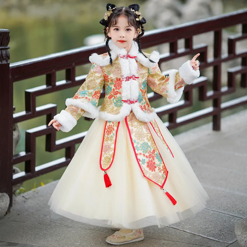 

Детское теплое платье Hanfu для девочек с вышивкой в виде сказочных цветов, традиционный китайский традиционный костюм в стиле древней Восточной принцессы на новый год