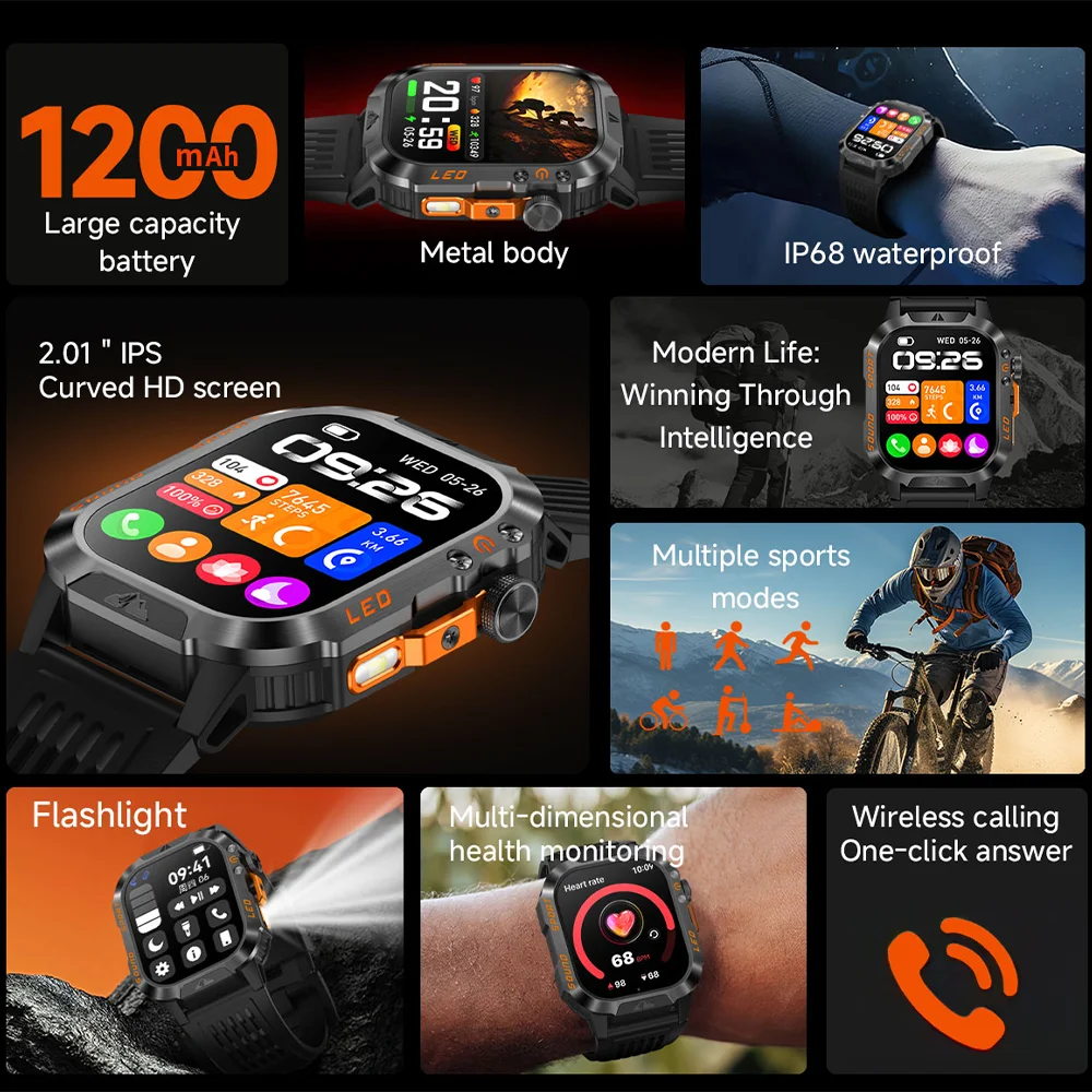 2026 New Men's smart watch Bluetooth call 1200mAh battery 100 days standby time 2.01 inch screen IP68 waterproof motion tracker 2