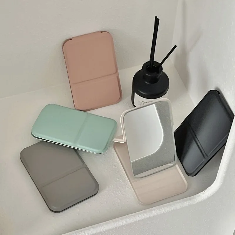 휴대용 접이식 PU 가죽 메이크업 거울, 학생 컴팩트 귀여운 포켓 거울, 단색 데스크탑 메이크업 거울