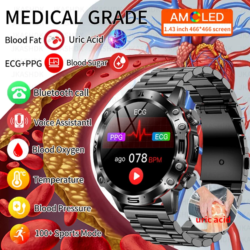 

2023 Medical Grade Smart Watch Blood Sugar Blood Lipid Uric Acid ECG Bracelet Body Temperature Bluetooth Call Health Smartwatch