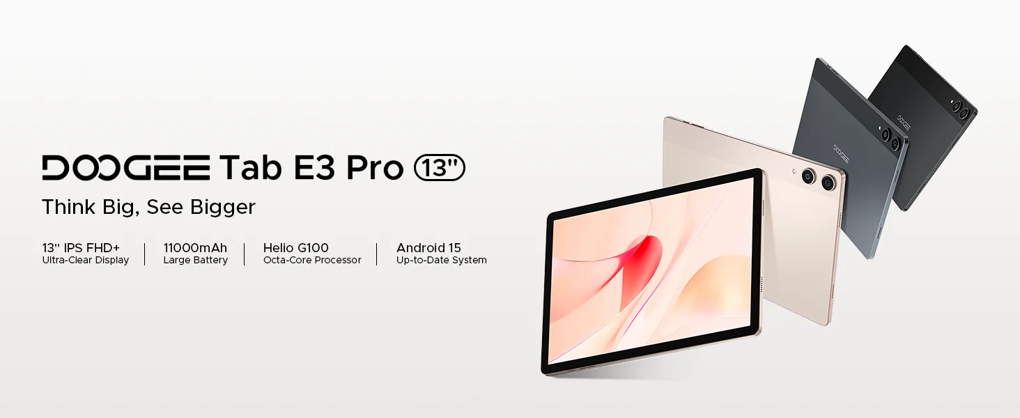 DOOGEE Tab E3 Pro Tablet 32GB+256GB Android 15 Gemini AI 13'' Display 7.9mm Ultra-thin Helio G100 11000mAh Battery Smart Pad