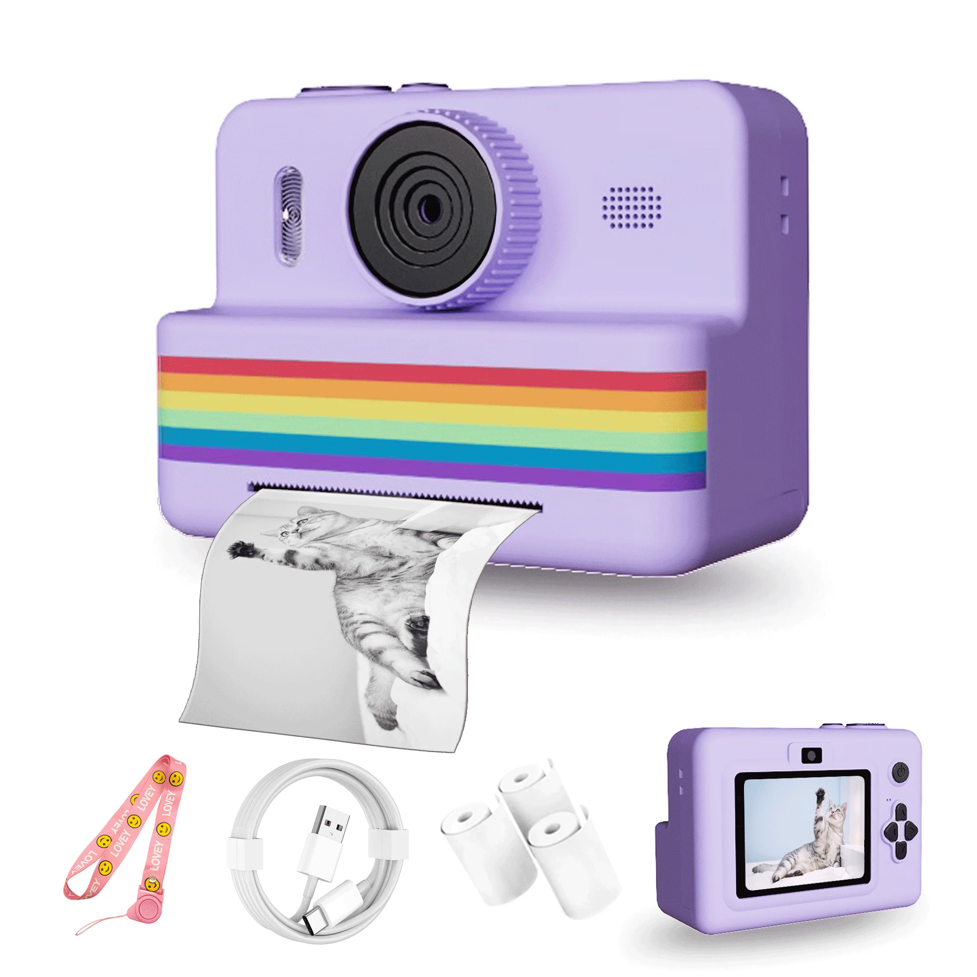 Appareil photo à impression instantanée grand écran, caméra vidéo numérique HD pour enfants, appareil photo jouet portable à impression zéro encre pour l'extérieur, 2.8 pouces