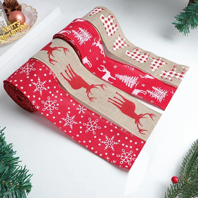 레드 그린 별 눈송이 다채로운 리본, 엘크 휴일 장식 리본, 크리스마스 새해 홈 장식 활, 10 야드