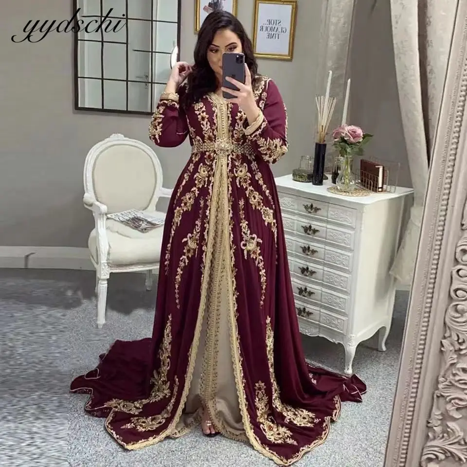 

2023 Burgundy Long Sleeves Moroccan Caftan Evening Dress Elegant Women Formal Party Gown Applique Robes De Soirée Plus Size Prom