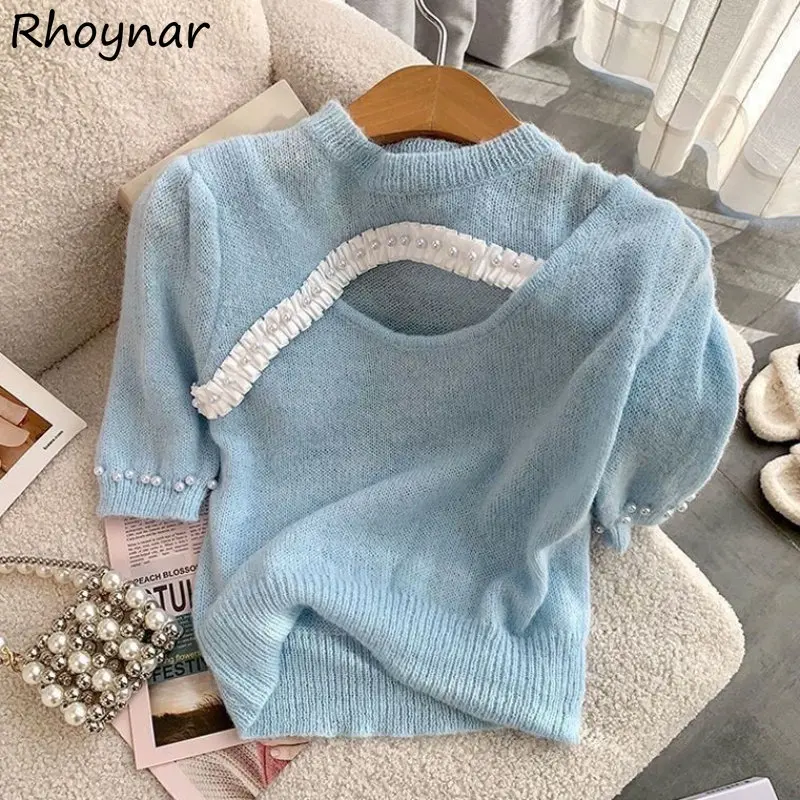 

Knitted T-shirts Women Soft Blue Sweet Summer Office Lady Gentle Aesthetic Clothes Sexy Hollow Out Designed Chic Leisure Fashion