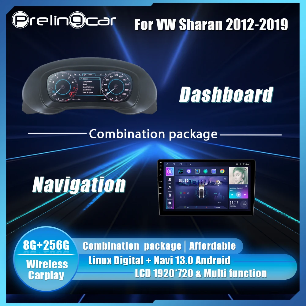 Prelingcar 10.25 inch Lcd Digital Cluster Dashboard For VW Sharan 2012-19 Android Player Maps Navigation Radio Paneel Cockpit