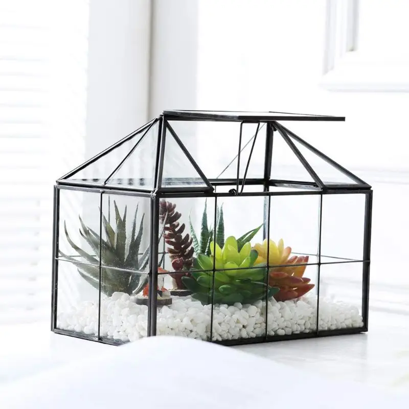 

Glass Terrarium Jewelry Box Clear Glass Box Geometrical Box ,House Close Glass Geometric Terrarium Tabletop Succulent Box