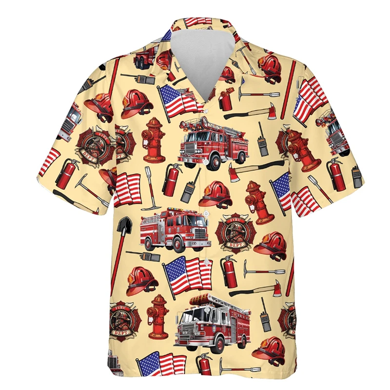 Fashion Firefighter Graphic Short Sleeve Shirts For Men Clothes Hero Profession Streetwear Blouses Fire Truck Lapel Blouse Tops
