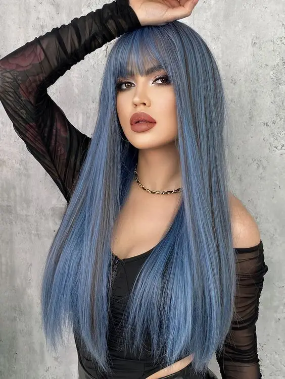 

Синий смешанный серый синтетический с челкой длинные натуральные прямые парики