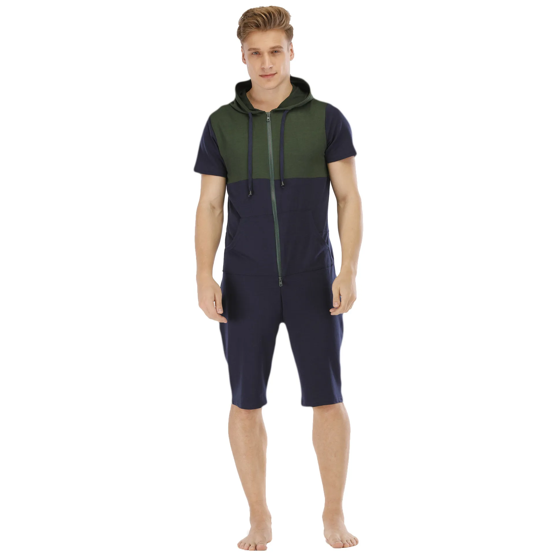 New Men Onesie Patchwork Print Pajamas Sleepwear Summer Short Sleeve Costumes Hoodie Jumpsuits