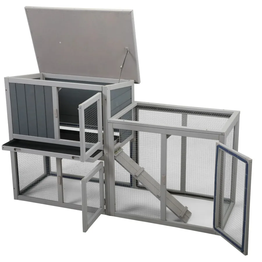 Wooden Rabbit Hutch Chicken Coop Removable Tray 3 Lockable Doors Indoor Outdoor Gray White