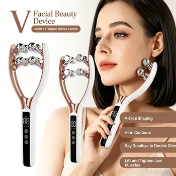 Masseur facial pour le visage et le cou, rouleau liftant en forme de V avec micro-courant, thérapie par lumière rouge et bleue, appareil vibrant pour affiner le visage