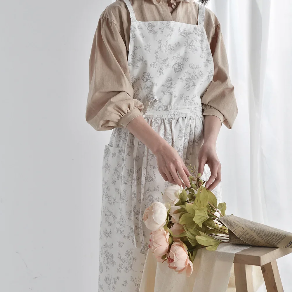 Vodotěsný zástěra korejské tisk květin nastavitelný prodloužení kuchyň bavlna prádlo ženy pás kapsa florist’s bankovnictví káva
