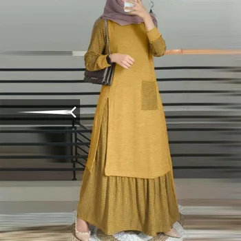 2024 Islam Abaya Dress Temperament Solid Color Pullover Long sleeved Robe Femme Muselmane Round Neck Large Swing Women's Dress