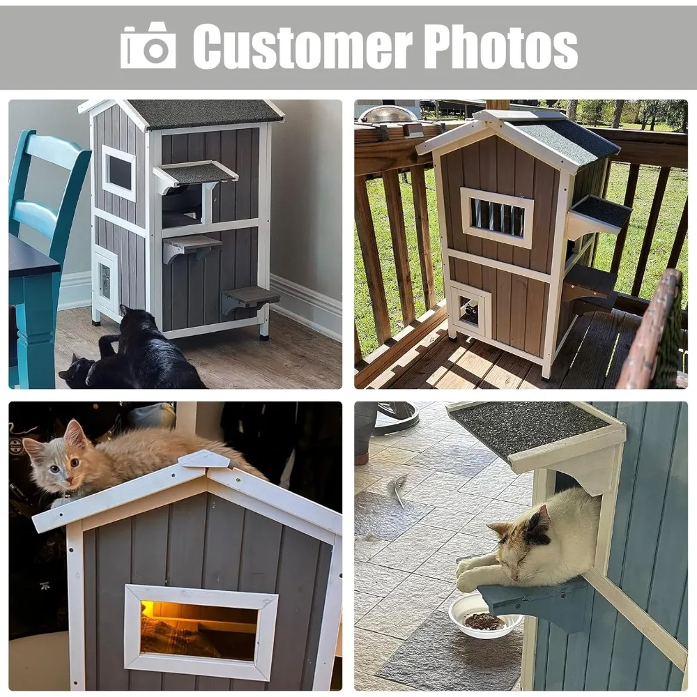 Outdoor Cat Shelter Weatherproof, Two Story Wooden Outside Feral Cat House with Openable Roof, Escape Door