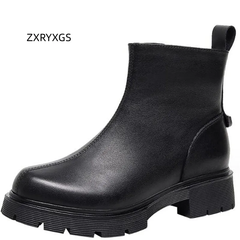 

ZXRYXGS 2024 Autumn Winter Elegant Temperament Genuine Leather Martin Boots Women's Boots Side Zipper Chelsea Short Boots Black