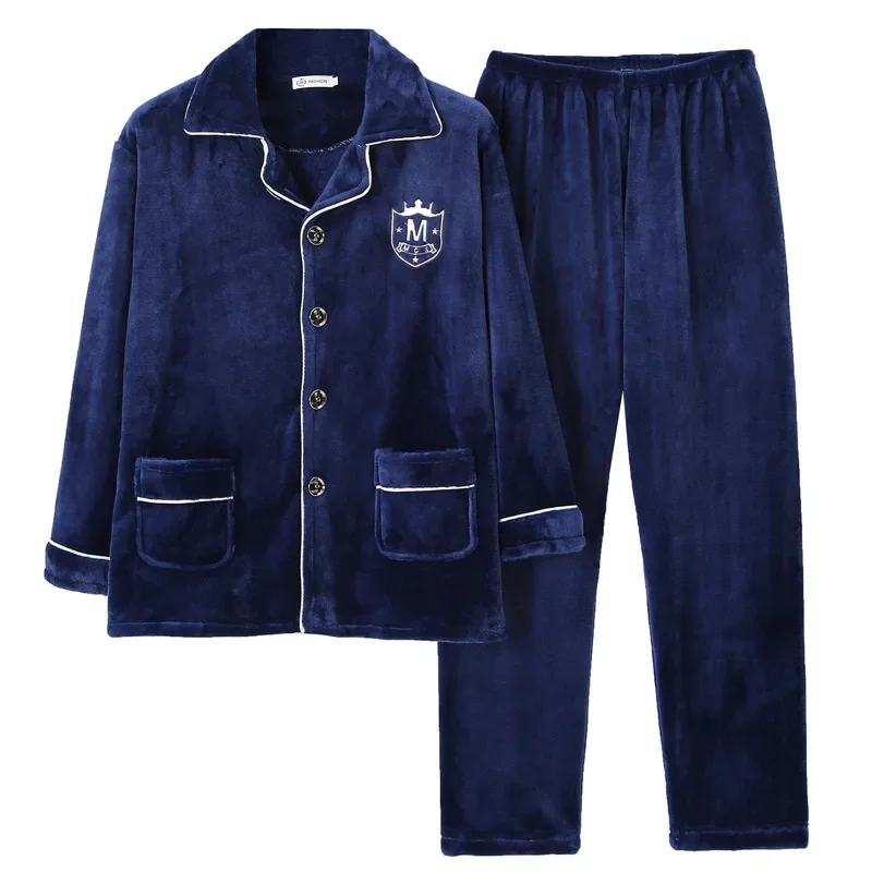 Casual Home Youth Winter Long Sleeve Warm Fleece-lined Thickened Flannel Pajamas For Men Warm Comfortable Sleepwear