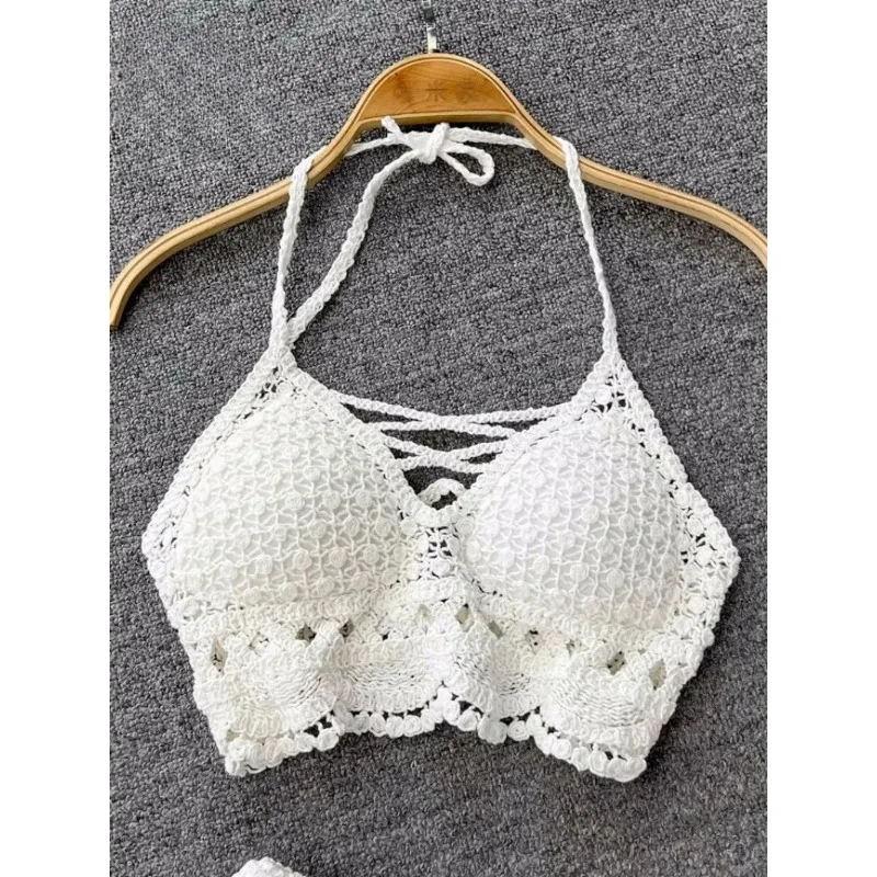 2024 New Knit Two Piece Sets Women Summer Vacation Backless Camisole Elastic Waist Shorts Hollow Out Y2K Beach Style Suits