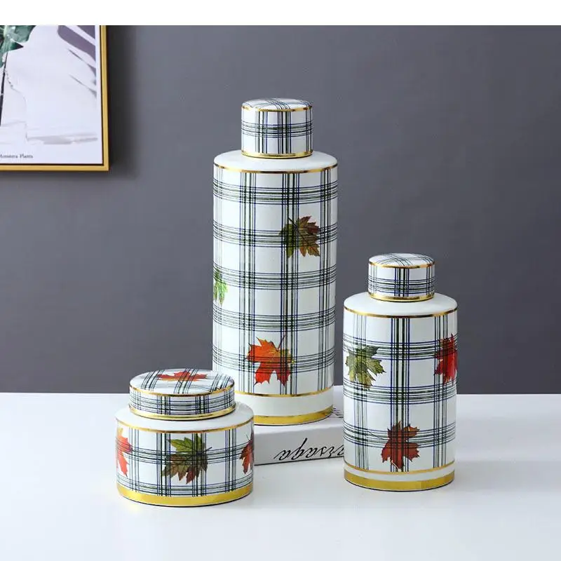 

Maple Leaf Decorative Ceramic Vases Modern Candy Jars with Lid Porcelain Storage Jar Desk Decoration Flowers Vase Home Decor