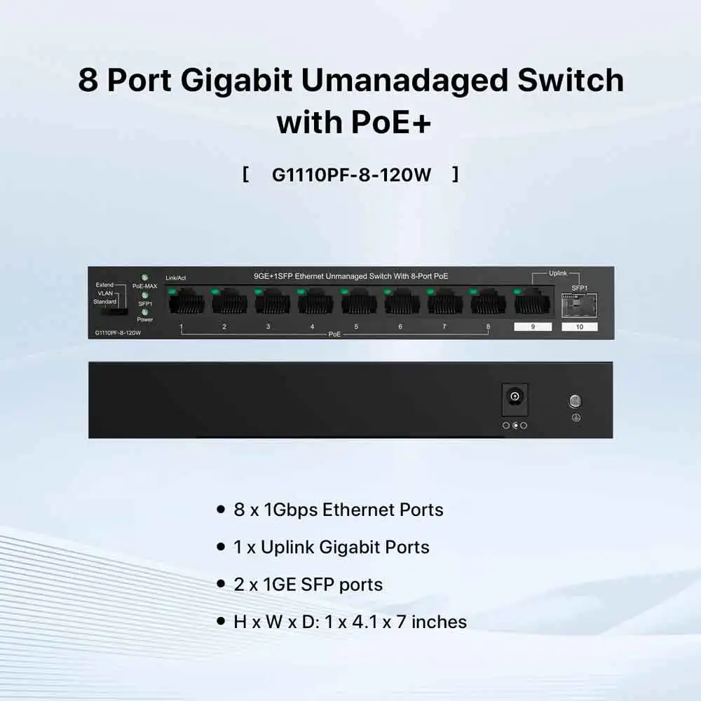 IPCOM G1110PF-8-120W 비관리형 PoE 스위치(8포트 PoE+@120W 포함) 8포트 기가비트 PoE(IEEE 802.3af/at 장치와 호환 가능) 1 SFP