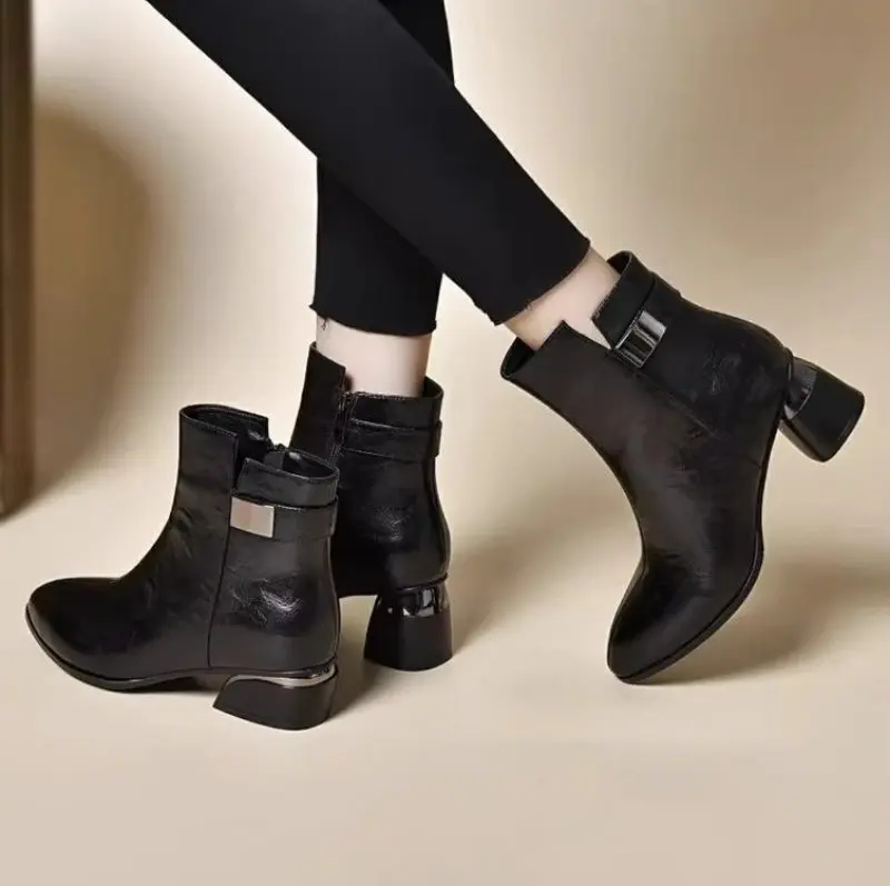 Women's Pionted Toe Ankle Boots Autumn New Side Zipper High Heel Shoes for Women Dress Office Chunky Heel Ladies Chelsea Boots