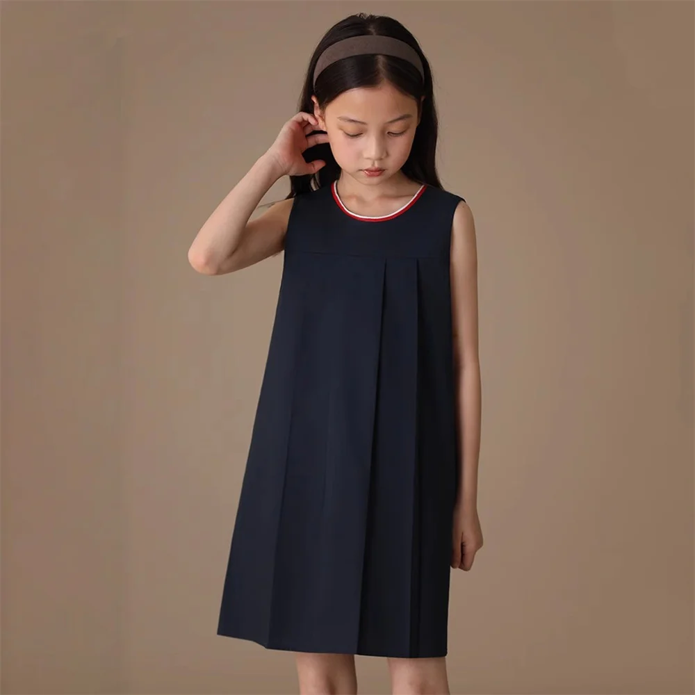 

Girls Sleeveless Pleated Round Neck Dress Casual Button Back Dresses Summer Casual Jumper A Line Dress Kids Sundress for Party