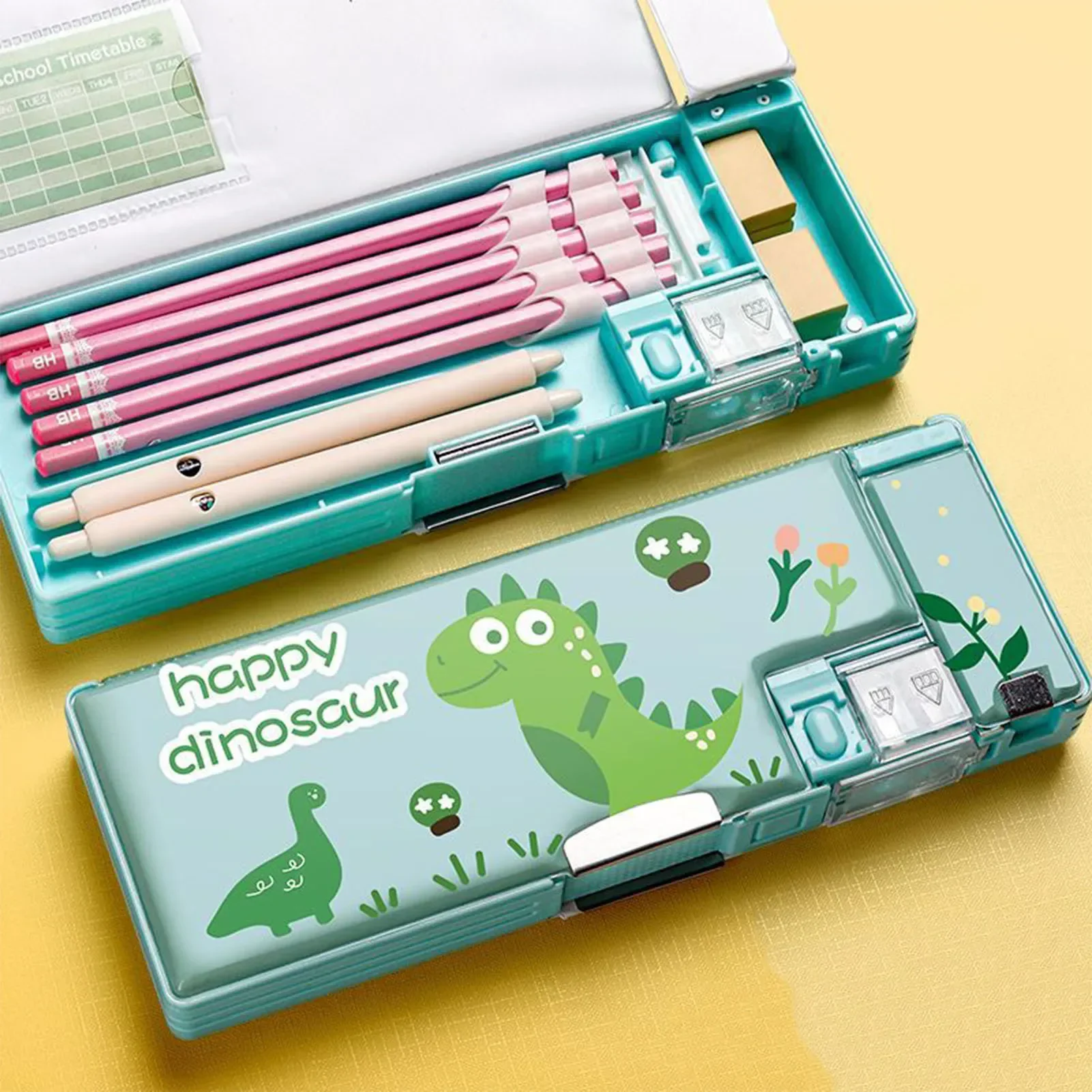 Magnetic Pencil Case Plastic Stationery Box with Magnetic Cover Dual-hole Sharpener for Pencils Erasers Clips