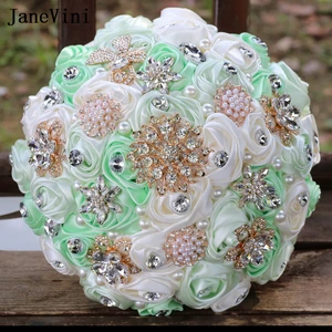 JaneVini Luxurious Crystal Gemstones Mint Green Bridal Bouquet Sparkly Jewelry Pearls Artificial Roses Flowers Wedding Bouquets