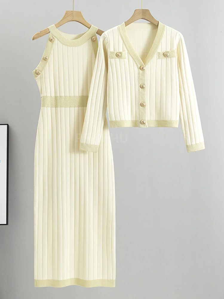 여성용 니트 바디콘 드레스, 브이넥 짧은 스웨터 가디건, 한국 시크 콘준토 섹시 슬림 탱크 맥시 베스티도 의상, 2 종 세트