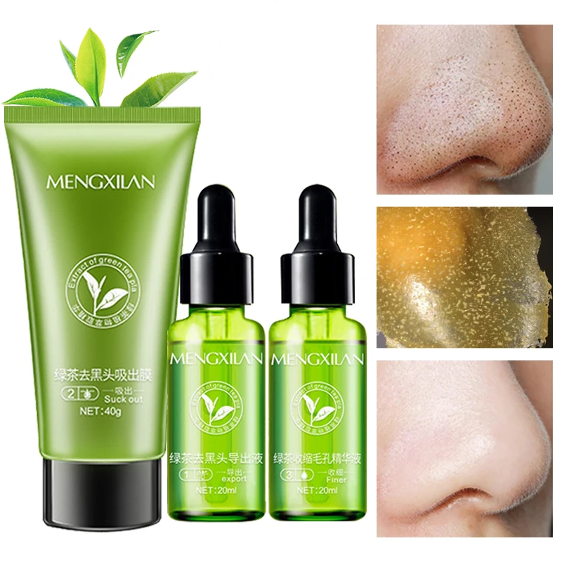 Green Tea Blackhead Remover Kit Face Serum Peel Off Mask Shrink Pores Oil Control Repair Gentle Clean Acne Treatment 3Pcs/Set