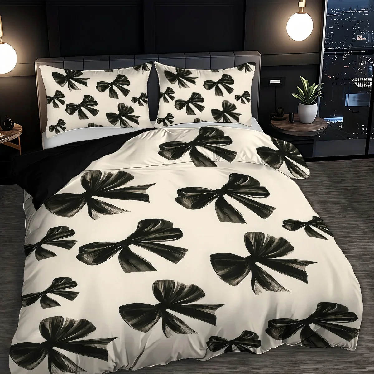 3pcs Black Bow Print Coreless Bedding Set Multiple Sizes Suitable for Bedrooms and Dormitories, Comfortable and Machine Washable