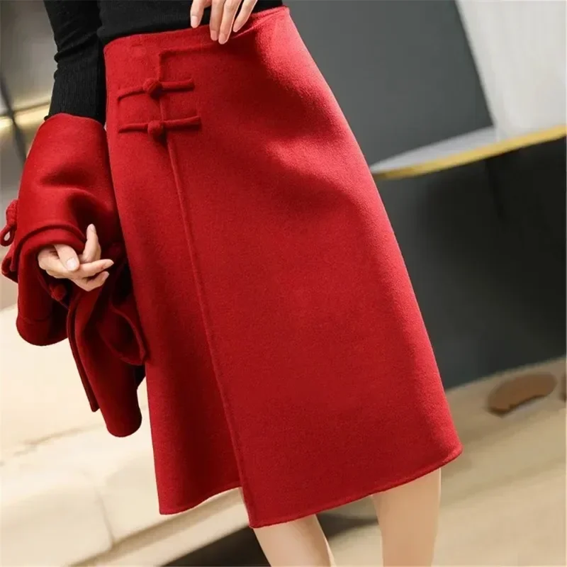 

Red Irregular Split Winter Woolen Midi Skirt Elegant High Waisted Buckle Basic Wool Skirts Female Casual Thick Warm A-line Skirt