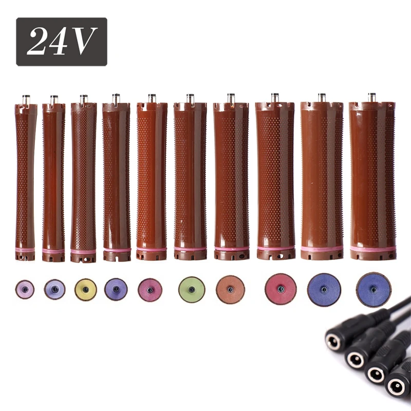 10pcs/set 24V Single Hole Digital Hair Rollers Light Weight Waterproof Heat Curlers Perm Hot Curling Bars Rods Rubberbands 1853
